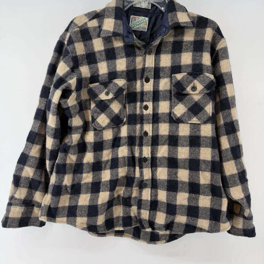 VTG Outdoor Exchange Wool Flannel Shacket Jacket Mens XL Navy & Beige Plaid